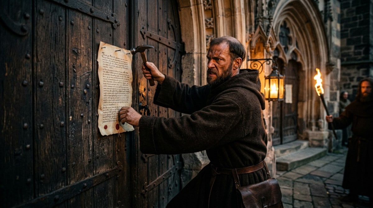 Moine médiéval clouant des thèses sur la porte d'une église