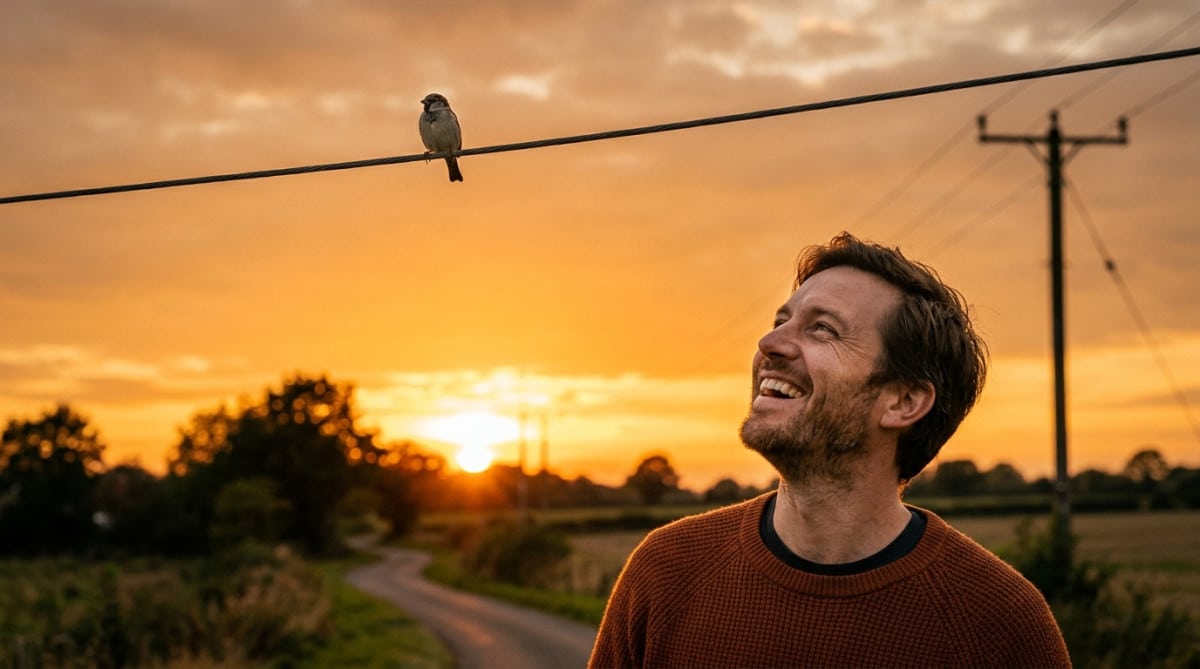 Moineau posé sur un fil électrique au coucher du soleil