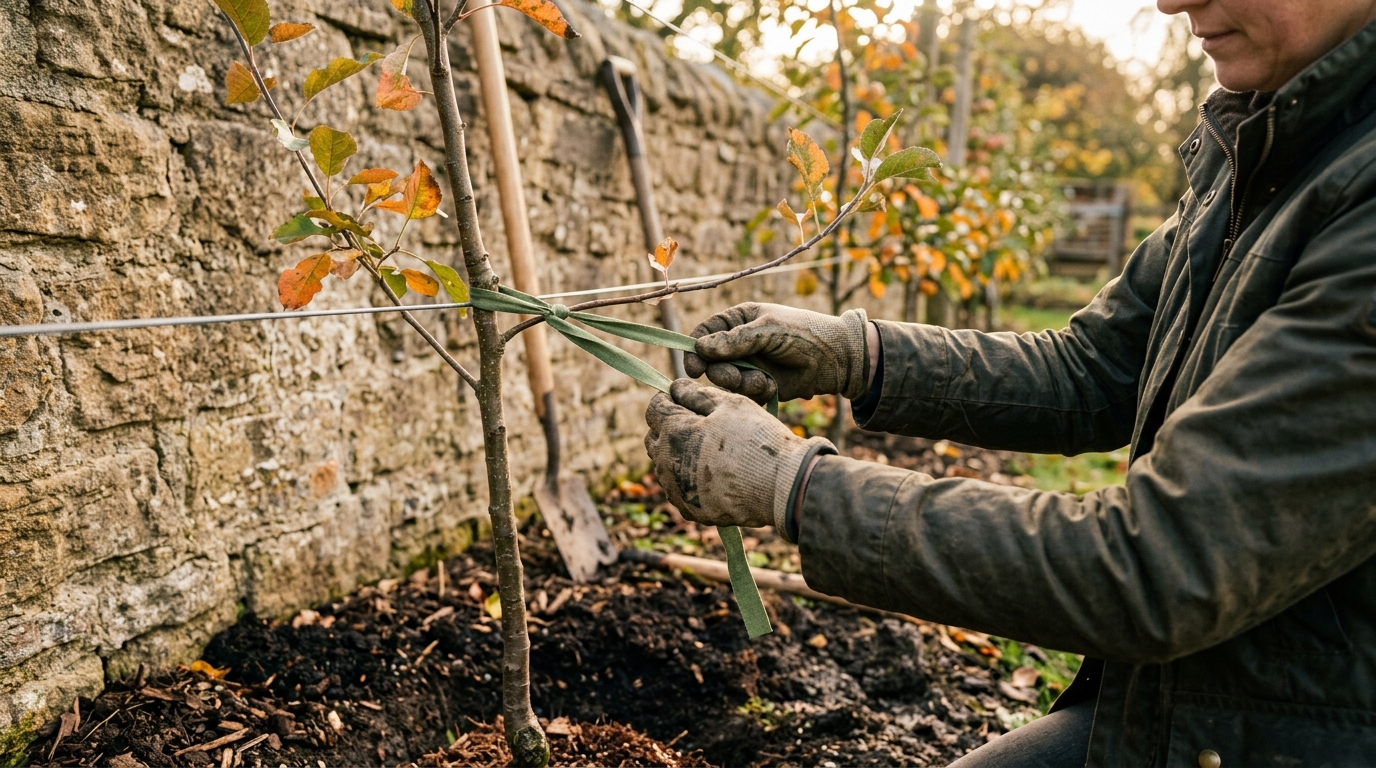 Mains attachant une branche de fruitier à un fil de fer