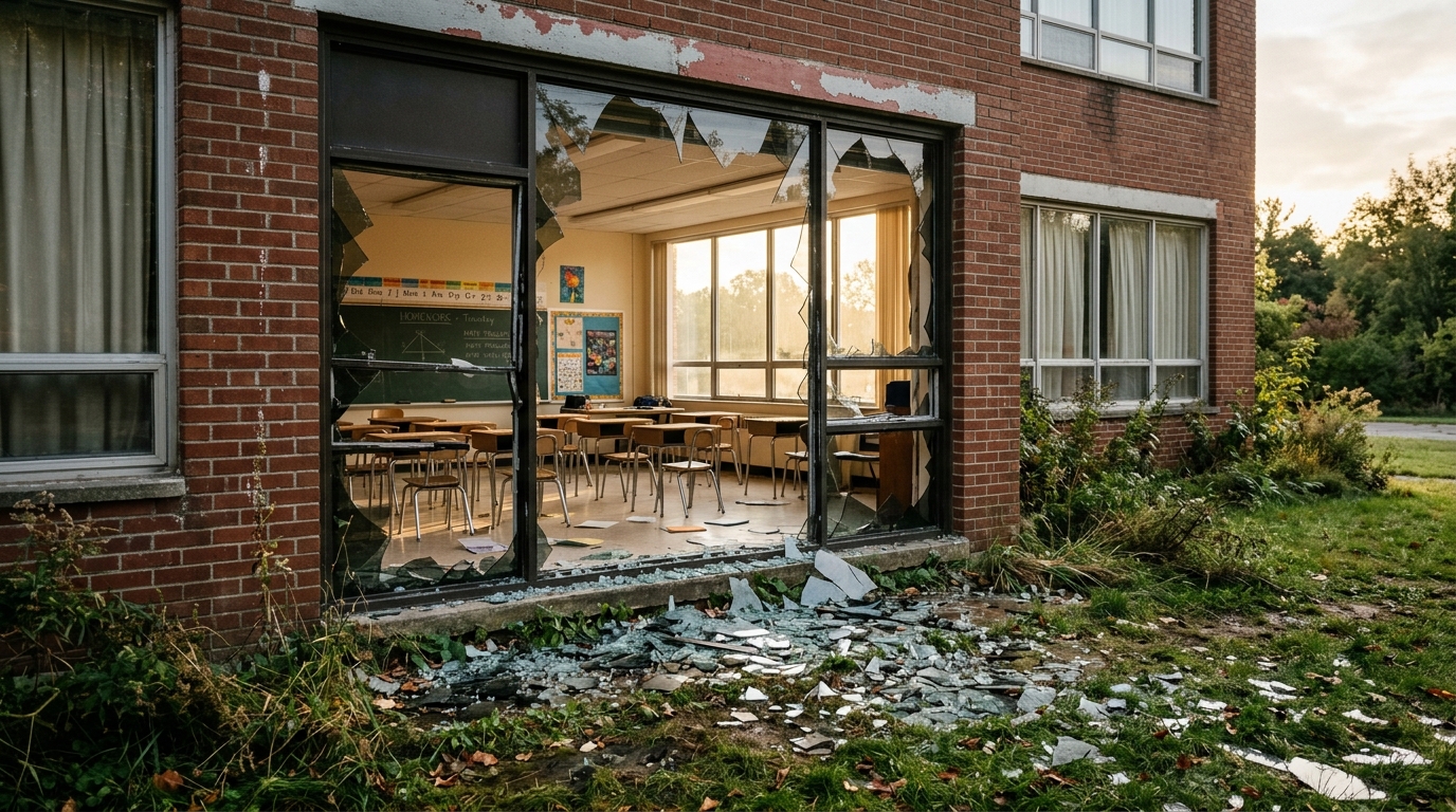 Fenêtre d'école brisée avec éclats de verre sur l'herbe