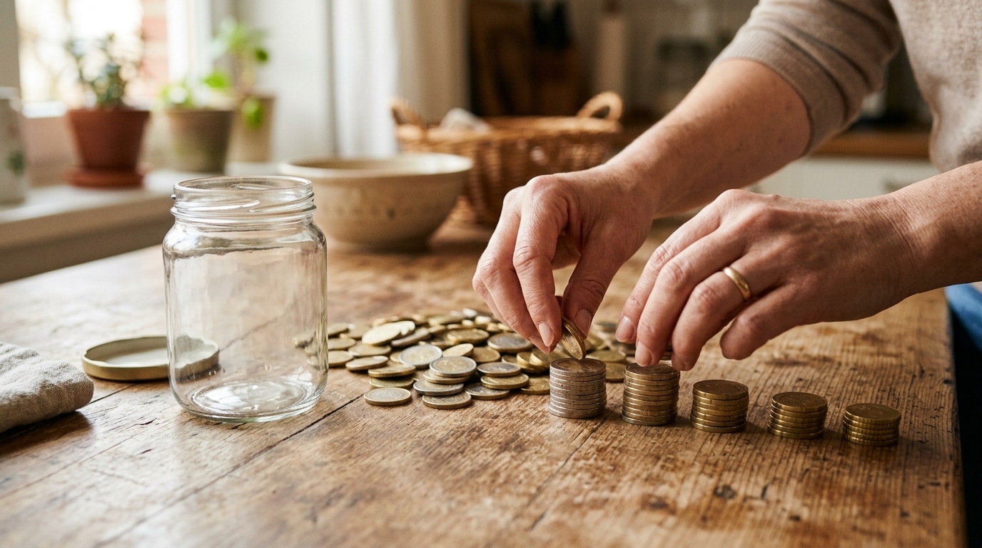 Mains triant des piles de pièces sur une table
