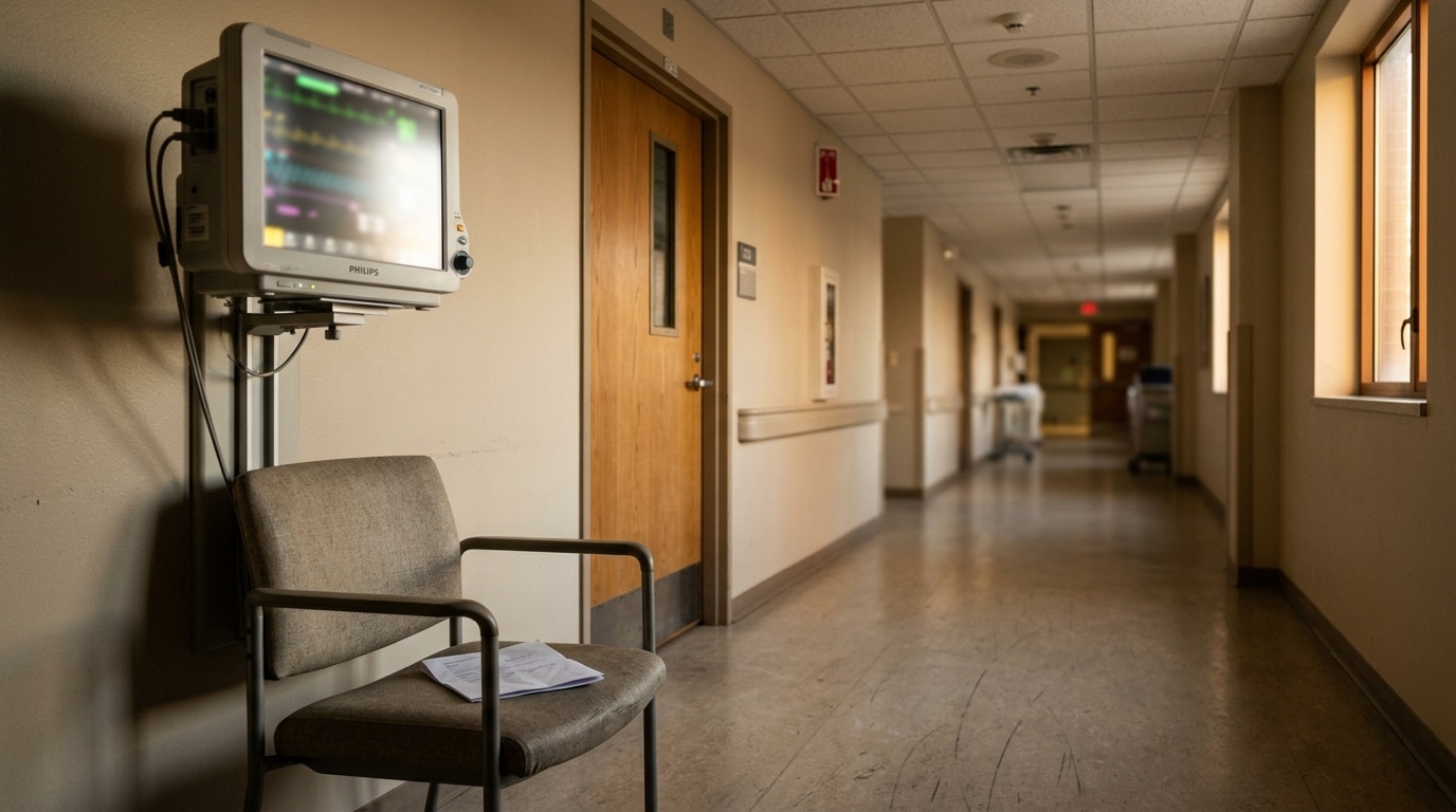 Couloir d'hôpital vide avec moniteur médical flou