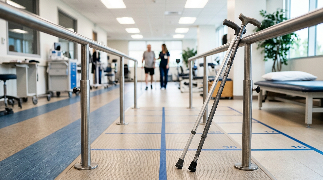 Barres de rééducation et cannes de marche dans un centre de soins
