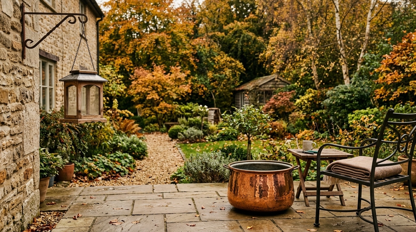 Mangeoire vide et pot métallique brillant sur terrasse d'automne