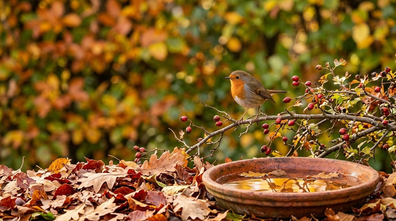 Rouge-gorge perché près d'un tas de feuilles mortes