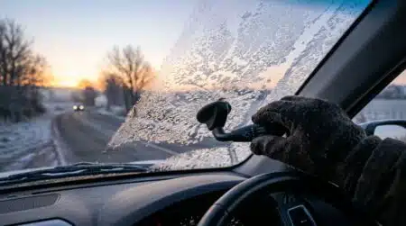 Pare-brise givré avec buses de lave-glace au lever du jour
