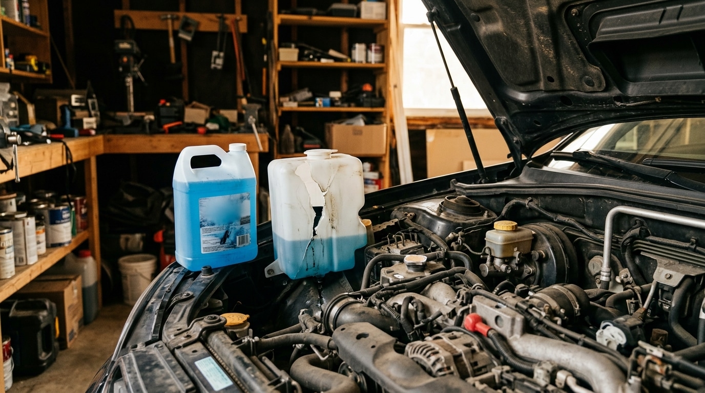 Capot ouvert avec bocal fendu et bidon de liquide d'hiver