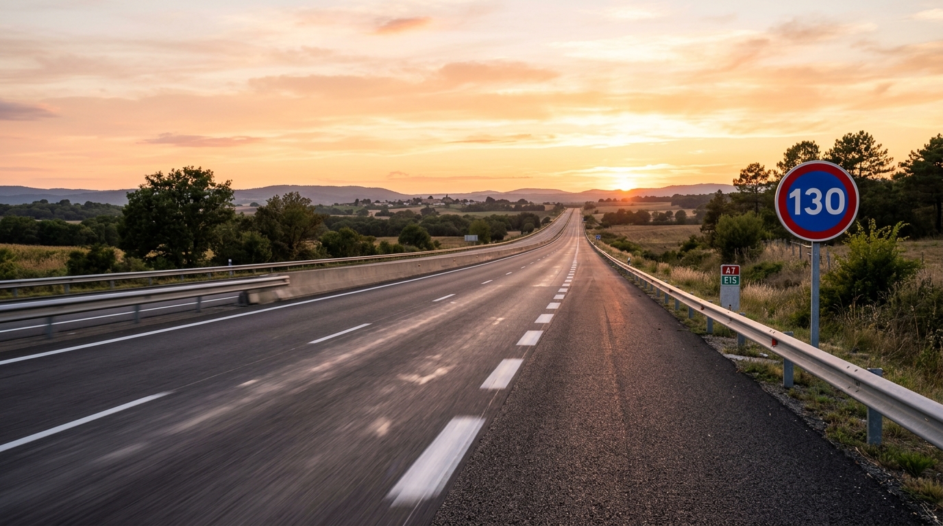 Autoroute française avec panneau de limitation à 130 km/h