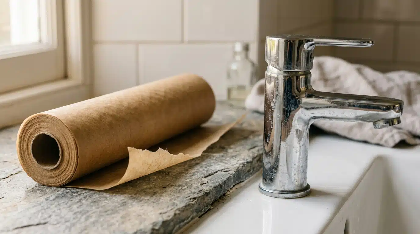 Rouleau de papier de cuisson près d'un robinet chromé