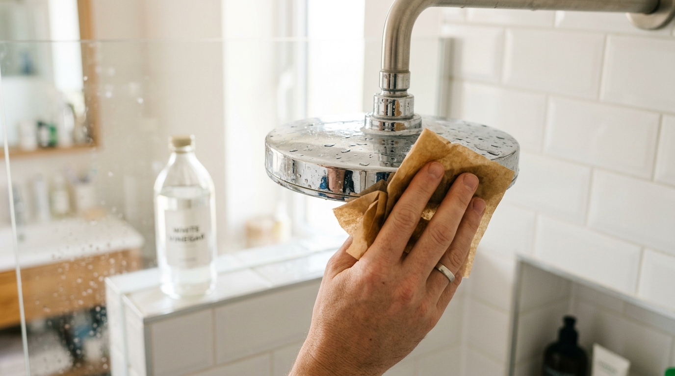 Main frottant un pommeau de douche avec du papier brun