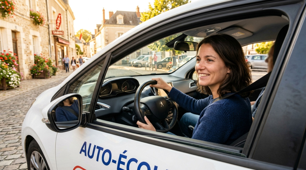 Monitrice d'auto-école souriante au volant d'une voiture à double commande