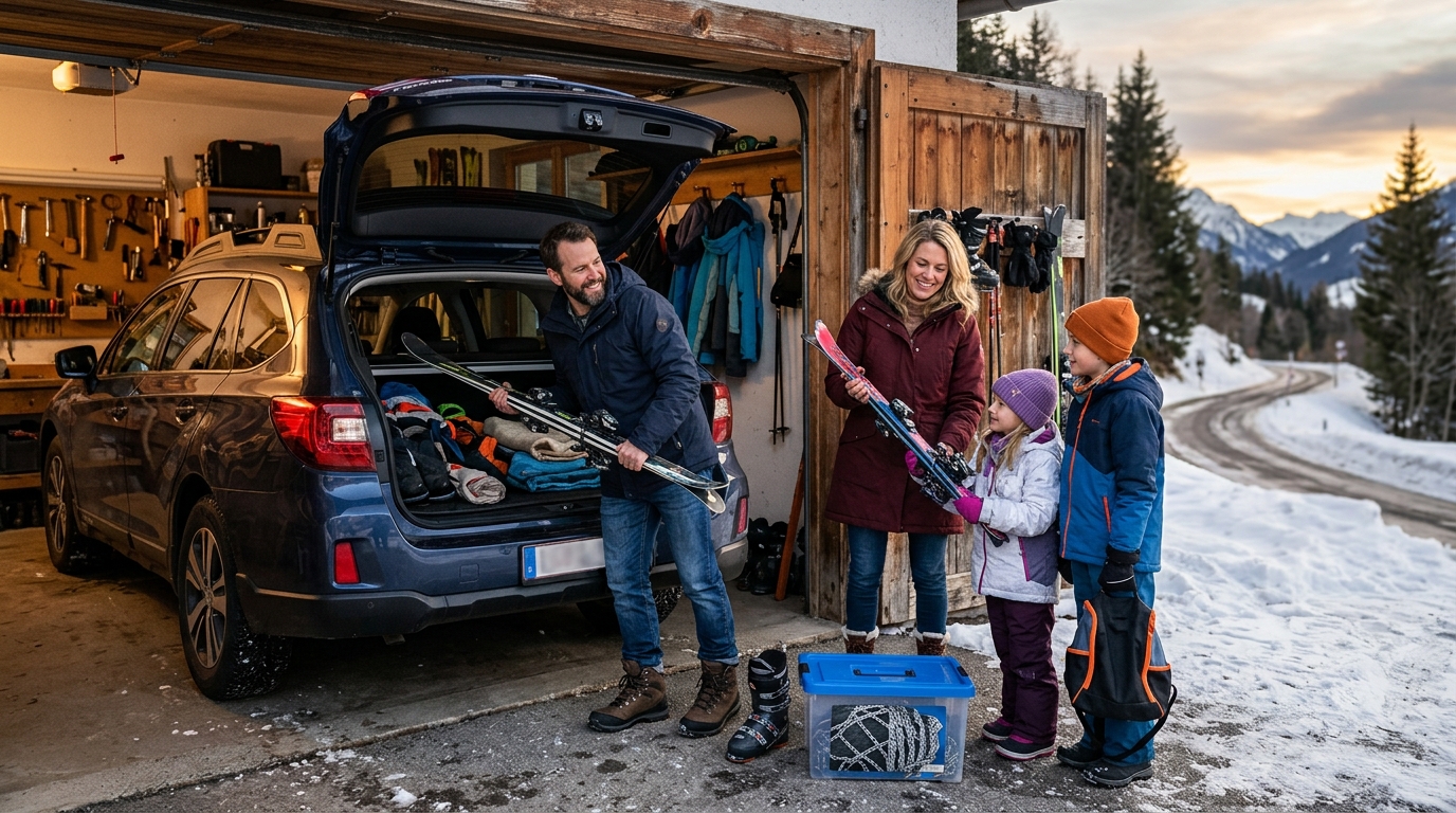 Famille chargeant des chaînes à neige dans le coffre