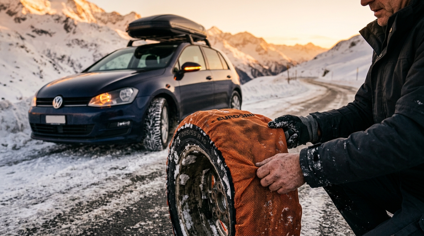 Mains montant des chaussettes à neige sur un pneu