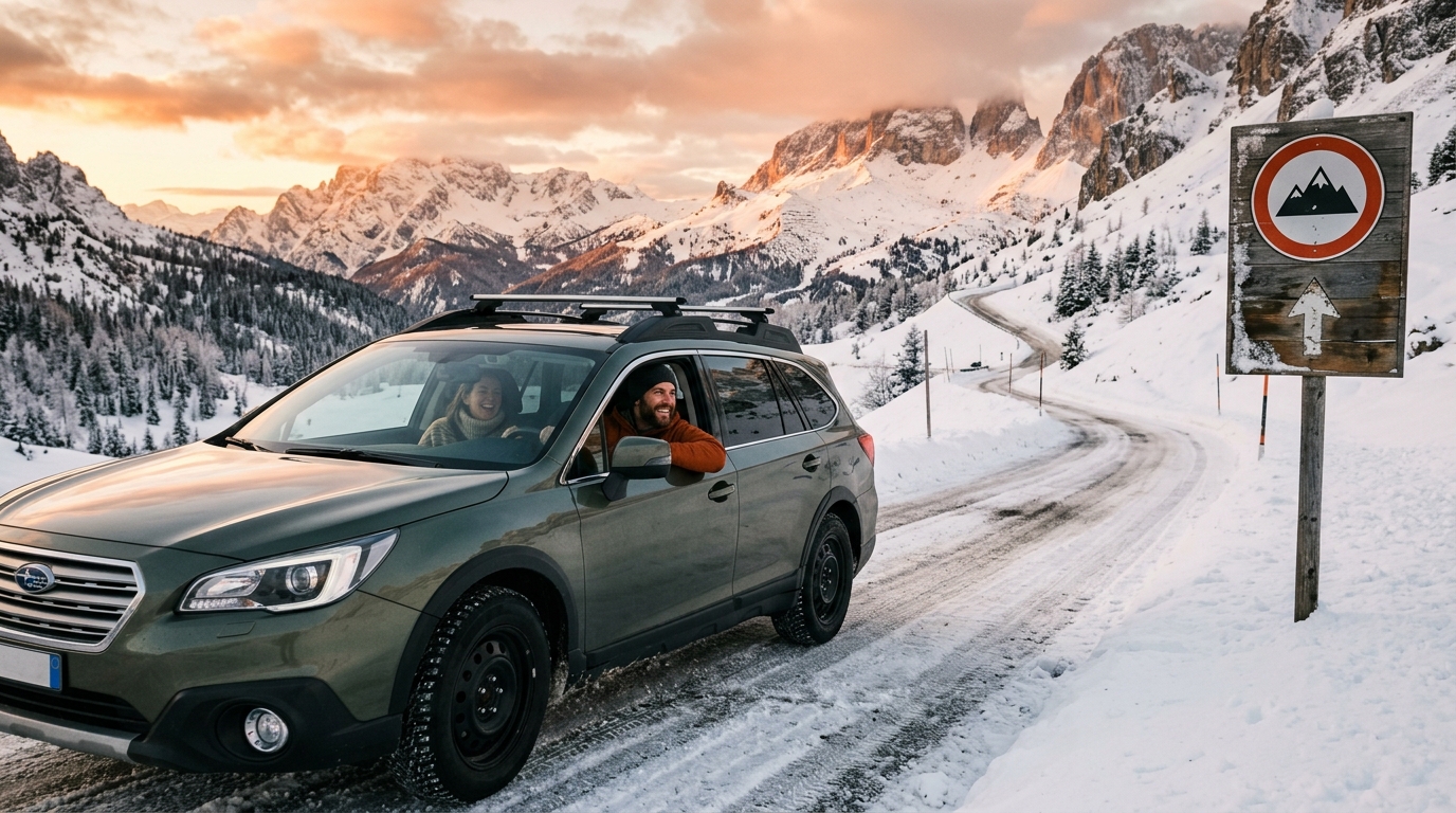 Couple en voiture sur une route de montagne enneigée