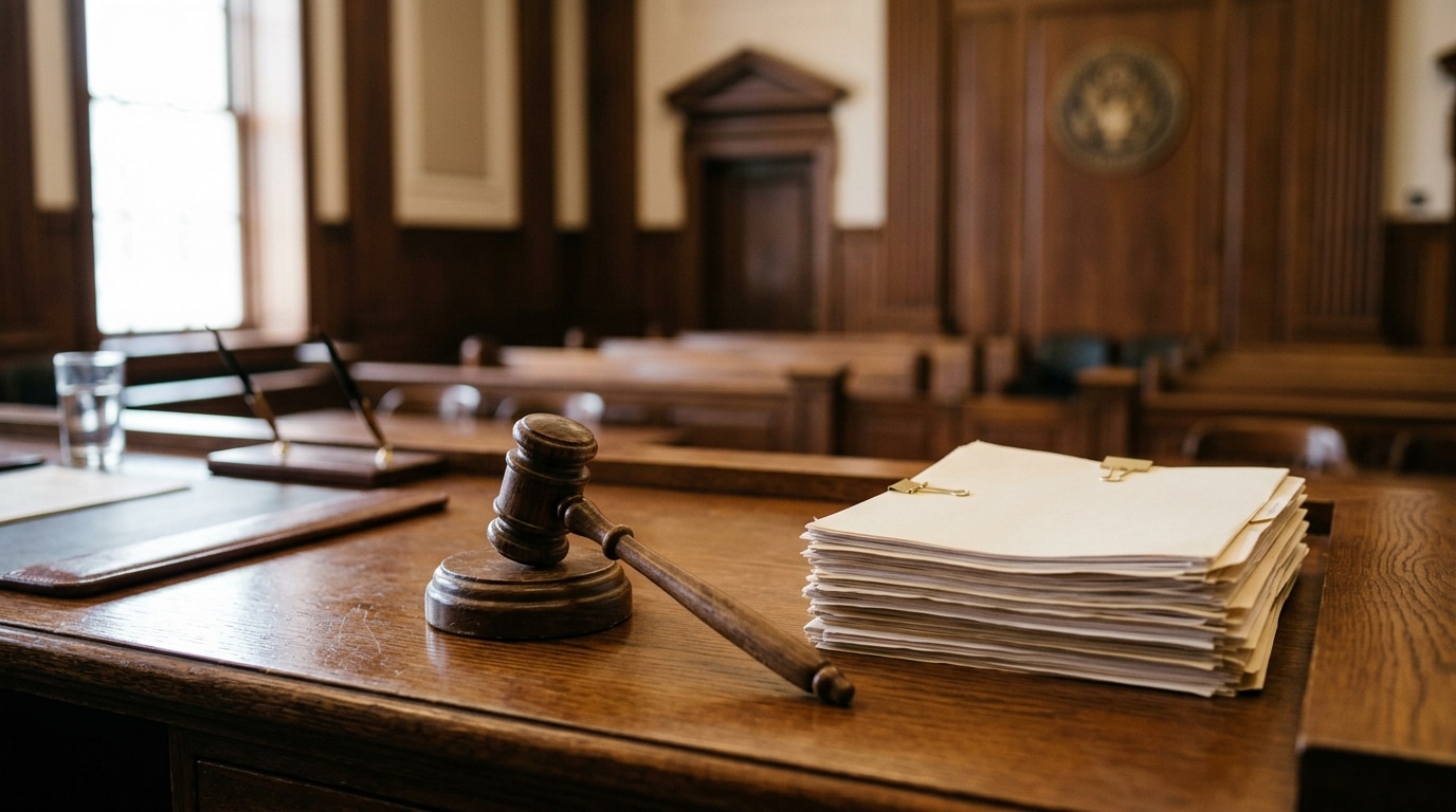 Marteau de juge posé sur un bureau de tribunal