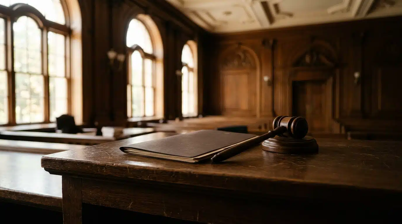Maillet et dossier posés sur un bureau de tribunal