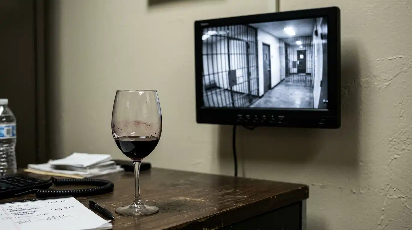 Écran de vidéosurveillance flou et verre de vin sur un bureau de commissariat