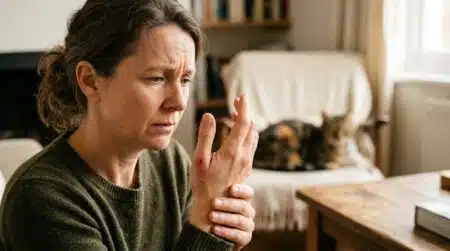 Personne inquiète regardant sa main près d'un chat