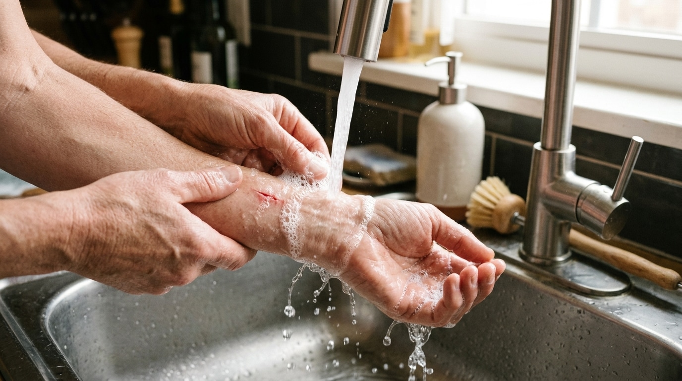 Mains lavées sous l'eau avec du savon