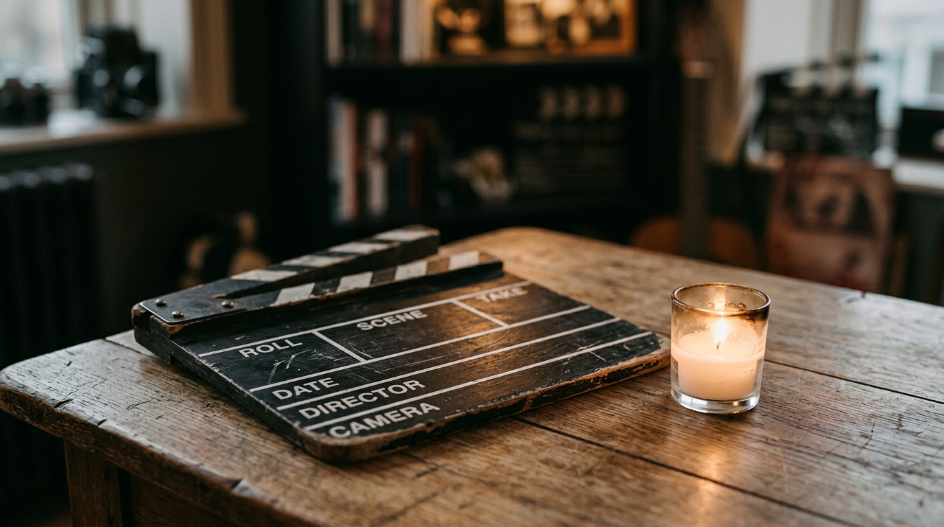 Claquette de cinéma vierge près d'une bougie allumée