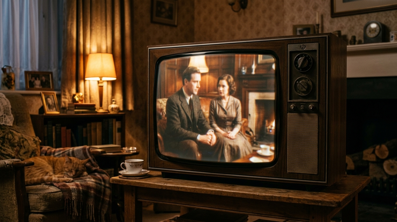 Vieille télévision diffusant une série britannique