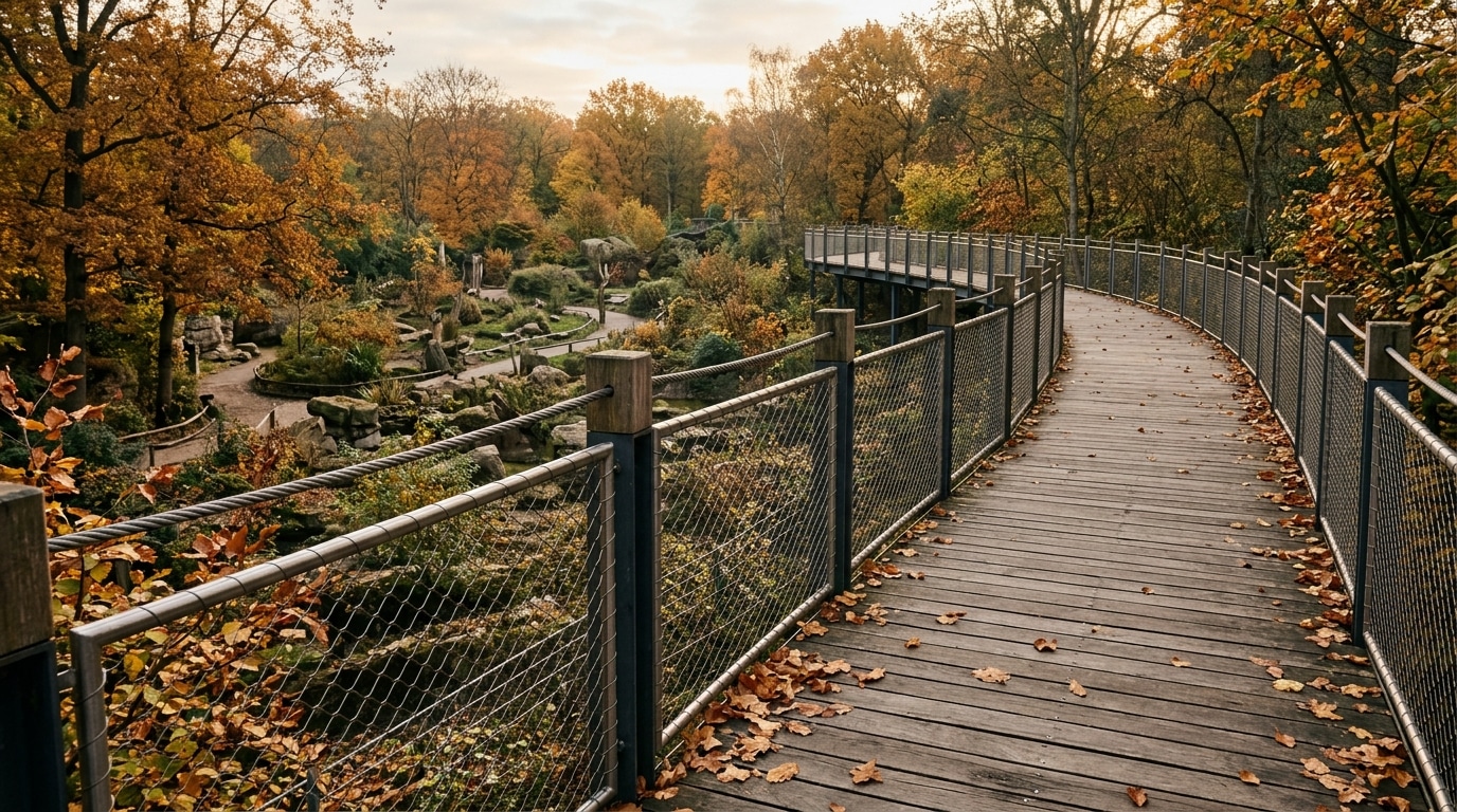 Passerelle vide et haute rambarde au-dessus d'un enclos