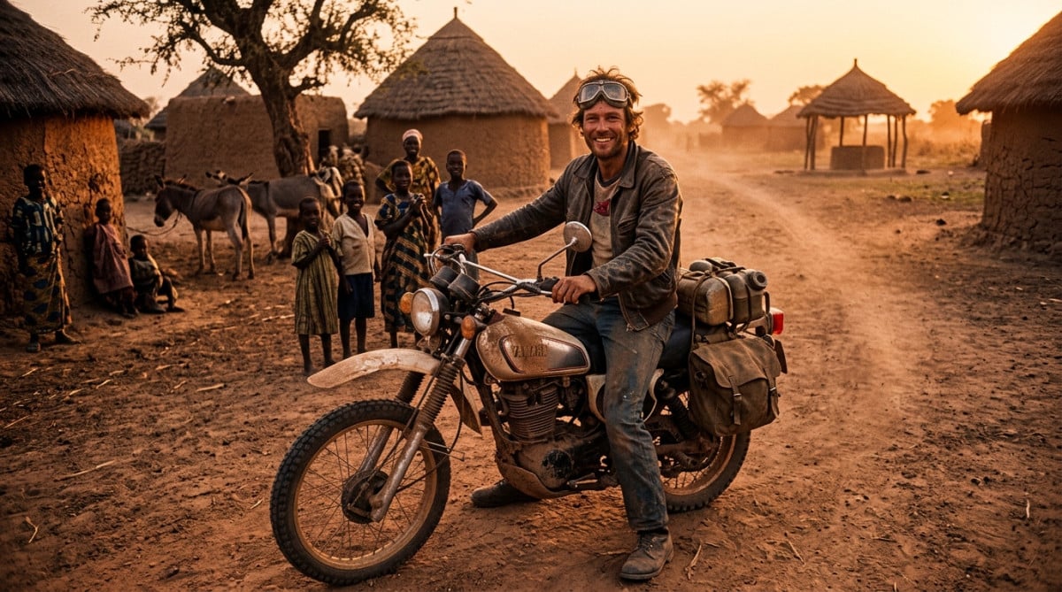Motard épuisé dans le désert au coucher du soleil