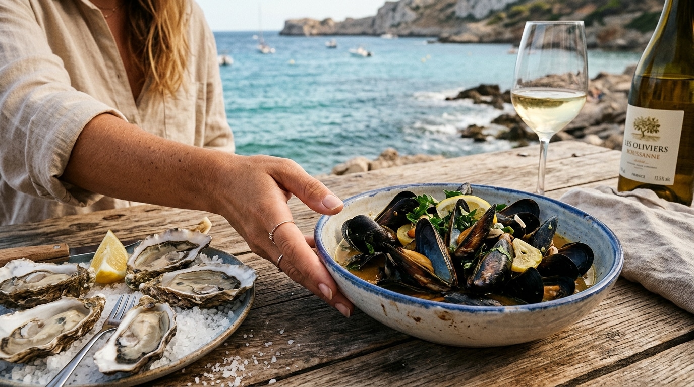 Moules et huîtres fraîches sur une table en bois au bord de la mer