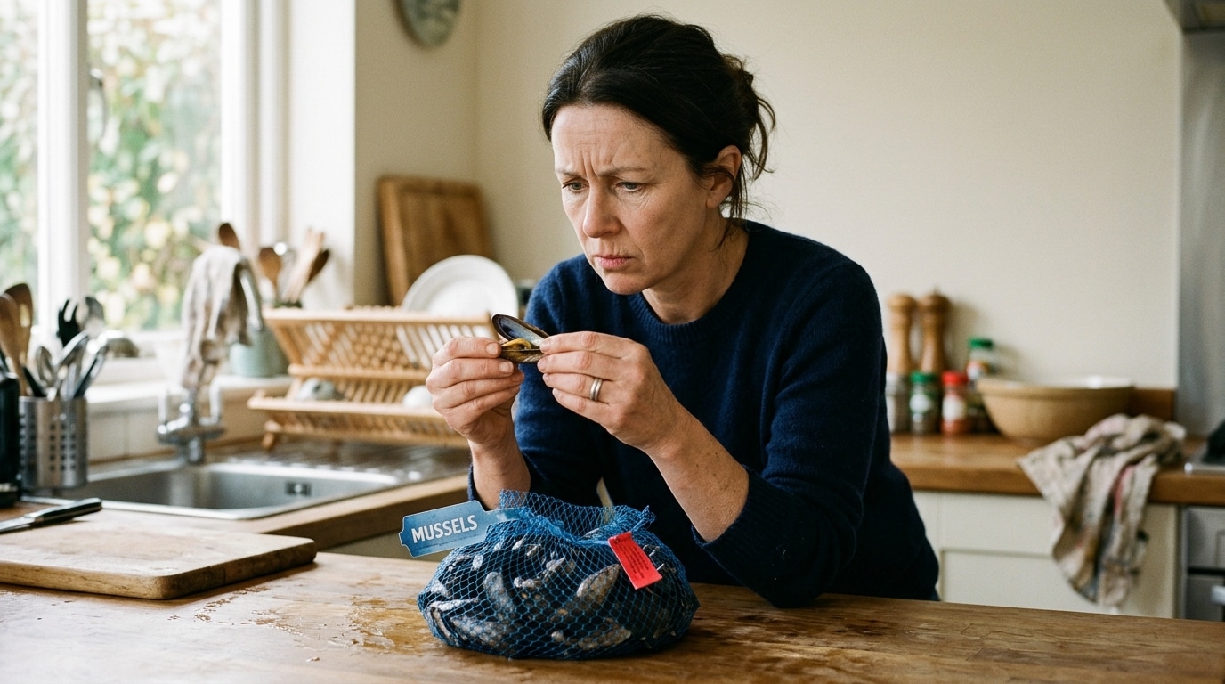 Femme inquiète examinant un filet de moules dans sa cuisine