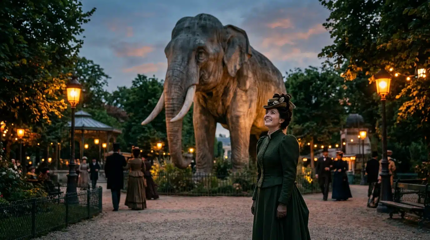 Éléphant géant dans le jardin du cabaret parisien