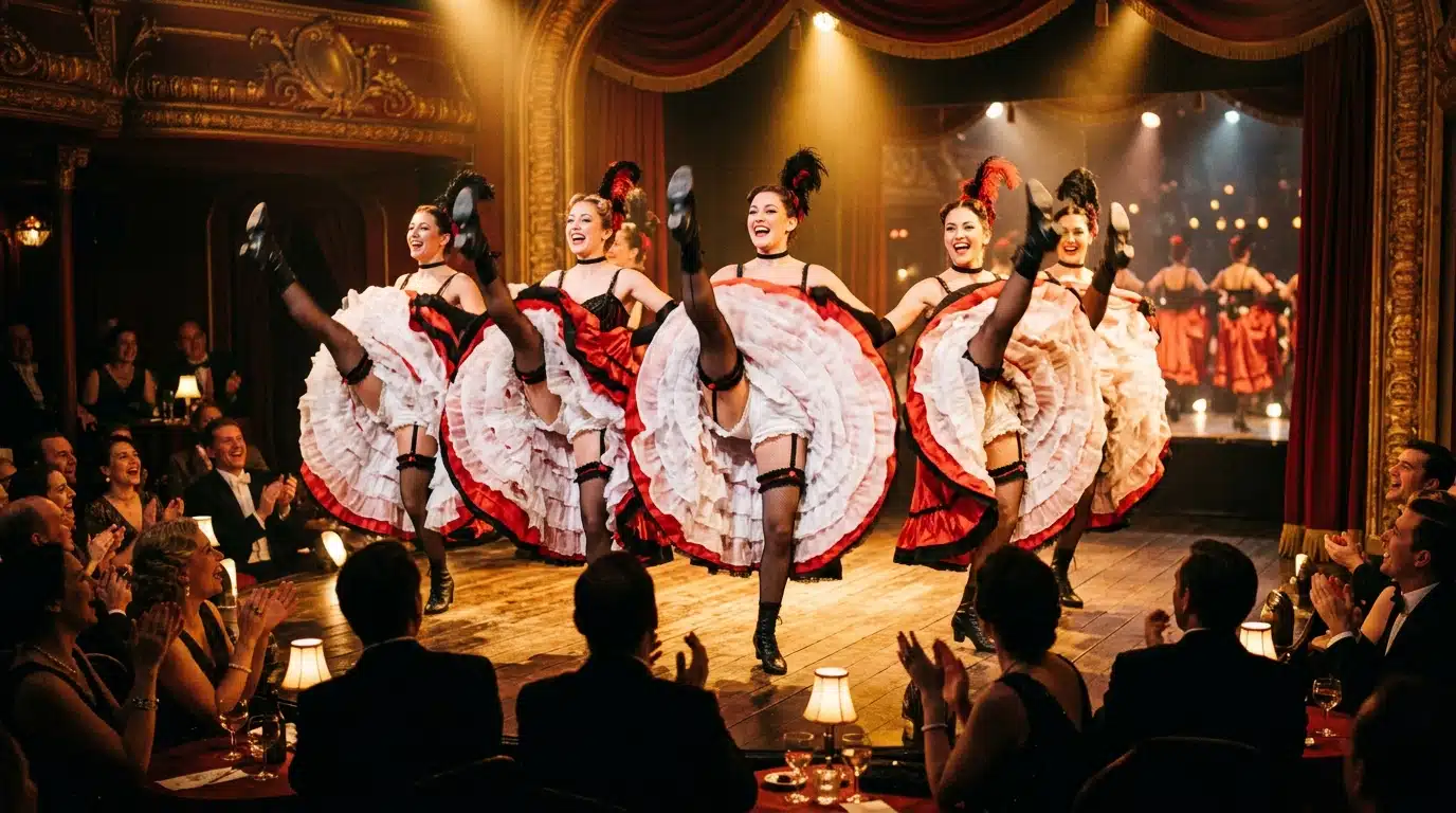 Danseuses de french cancan sur la scène du Moulin-Rouge