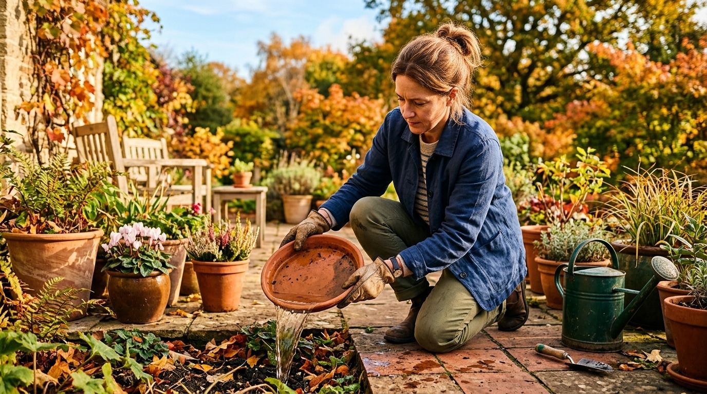 Femme videant une soucoupe d'eau sous un pot de fleurs