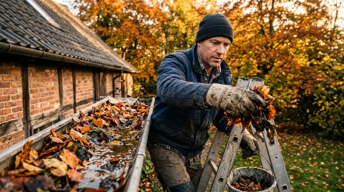 Homme nettoyant une gouttière remplie de feuilles mortes