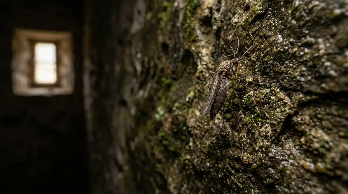 Moustique immobile sur un mur de cave en pierre