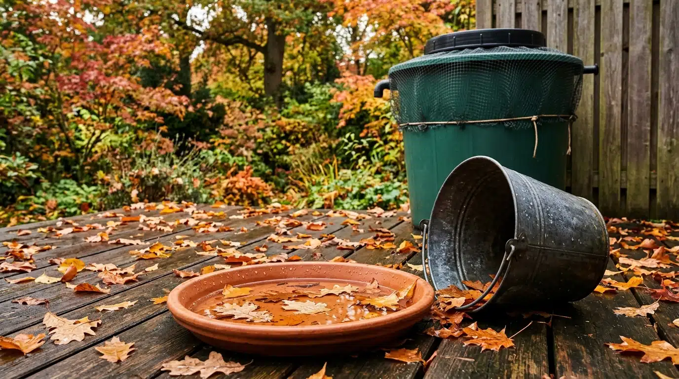 Soucoupe, seau retourné et récupérateur d'eau sur une terrasse d'automne