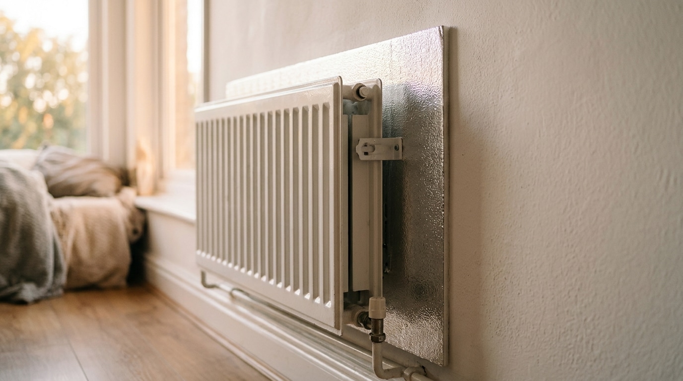 Panneau réflecteur argenté fixé entre le mur et le radiateur