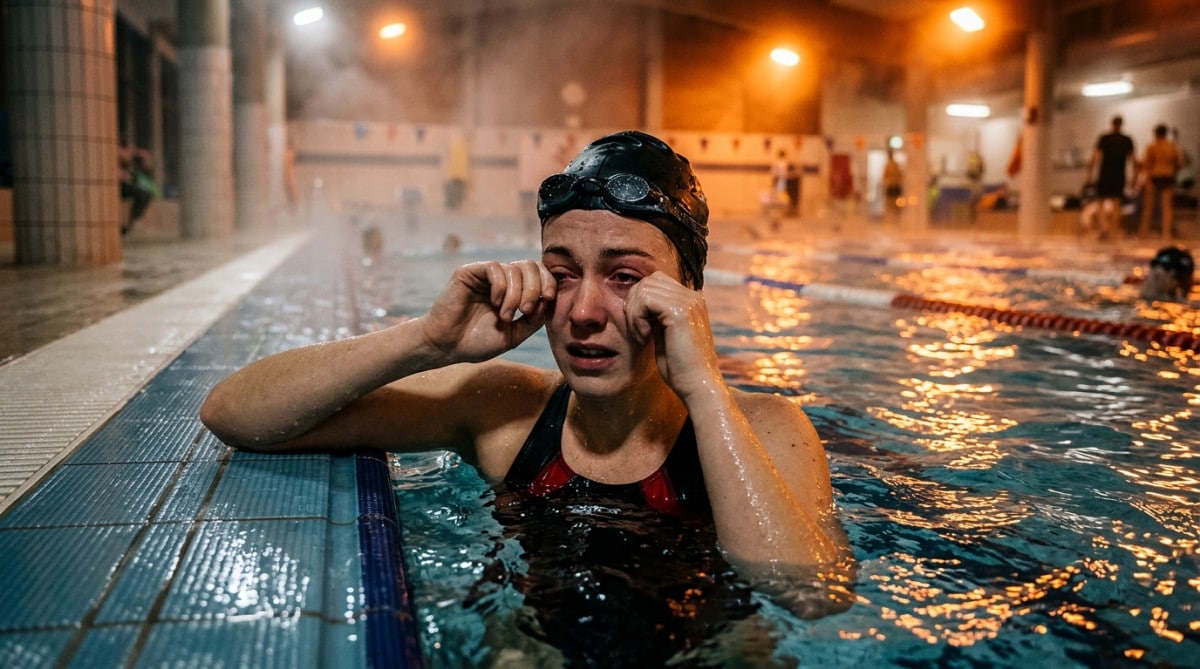 Nageur se frottant les yeux irrités au bord du bassin