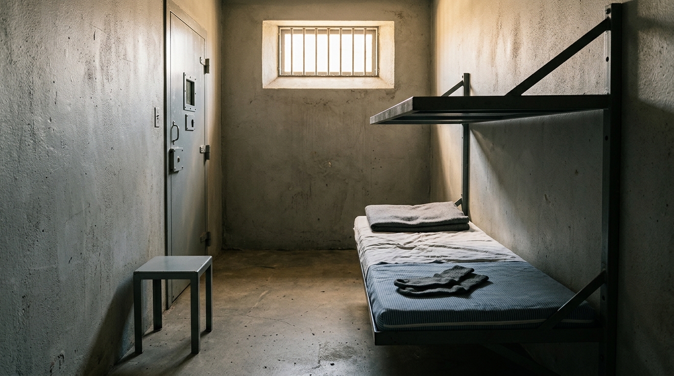 Cellule de prison vide avec lit superposé et chaussettes pliées