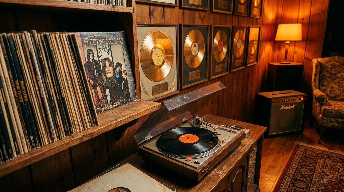 Disques d'or et vinyles dans un salon rétro