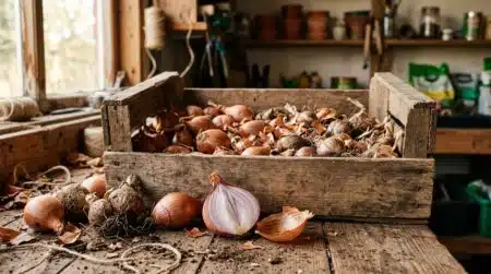 Bulbes de narcisses mélangés aux échalotes dans une cagette