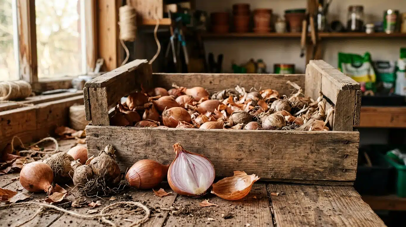 Bulbes de narcisses mélangés aux échalotes dans une cagette