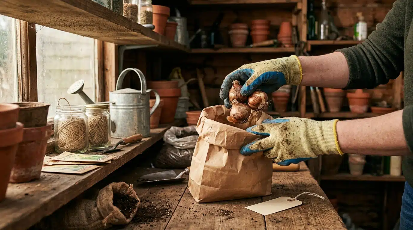 Mains gantées rangeant des bulbes dans un sac en papier
