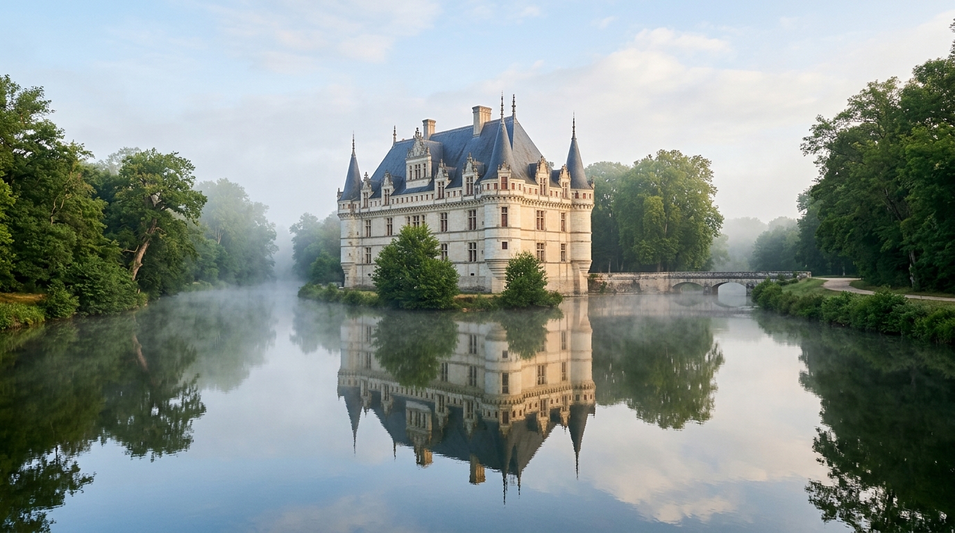 Château Renaissance entouré d'eau et reflété dans la rivière