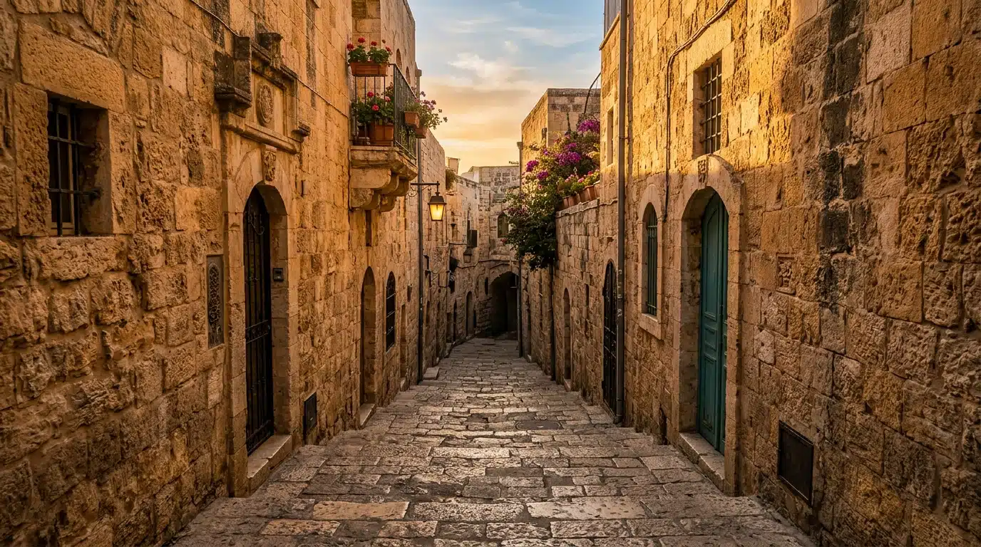 Ruelle ancienne de Jérusalem baignée de lumière dorée, ville de naissance de l'actrice