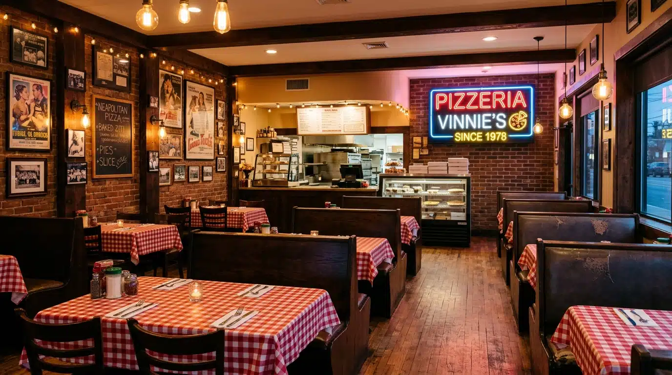 Intérieur d'une pizzeria américaine typique de Long Island, évocation de l'enfance de l'actrice