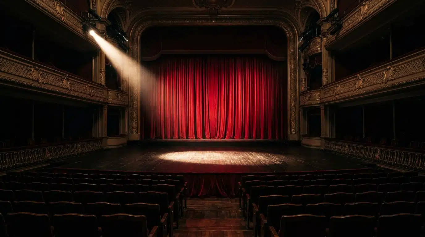 Scène de théâtre vide éclairée par un projecteur, symbole de la vocation précoce de l'actrice
