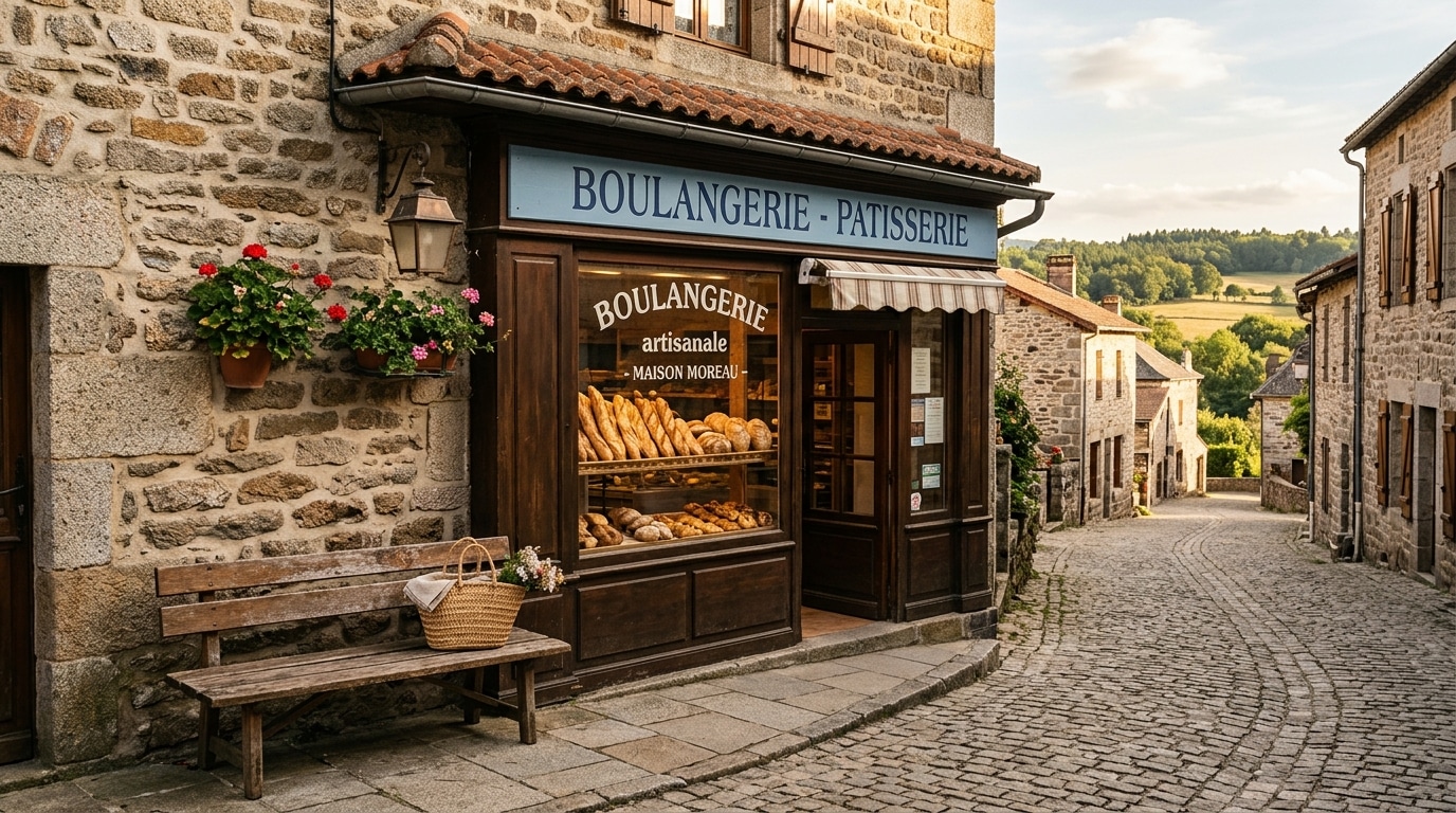 Devant la boulangerie du village creusois, un panier en osier posé sur un banc
