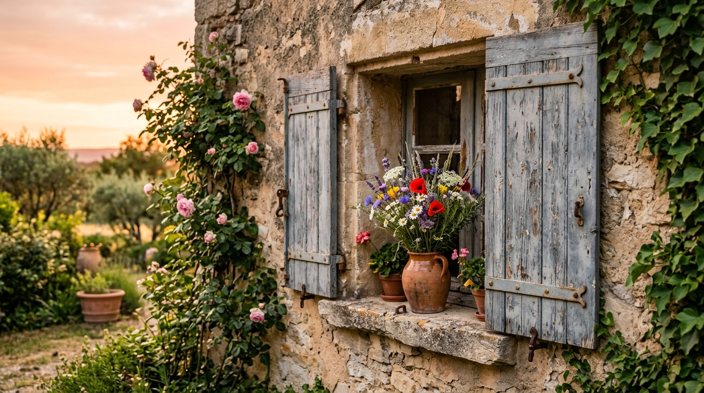 Fenêtre fleurie d'une maison de pierre au coucher du soleil