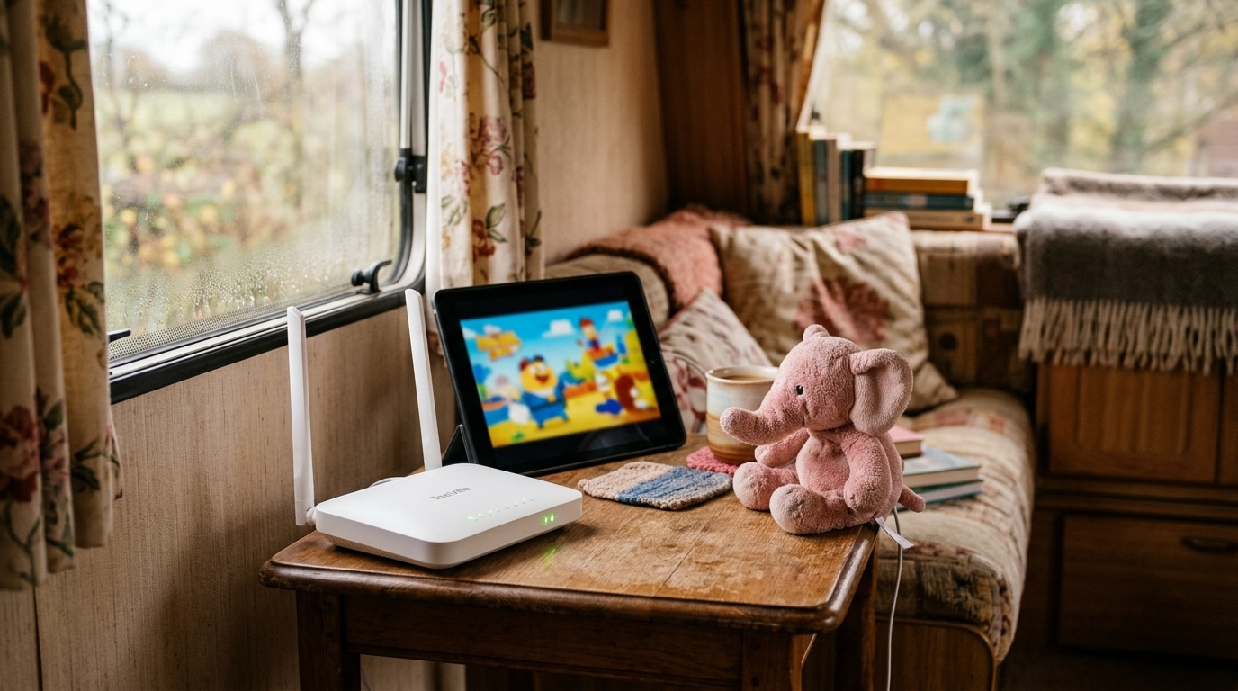 Routeur Wi-Fi posé dans une caravane près d'une peluche éléphant rose