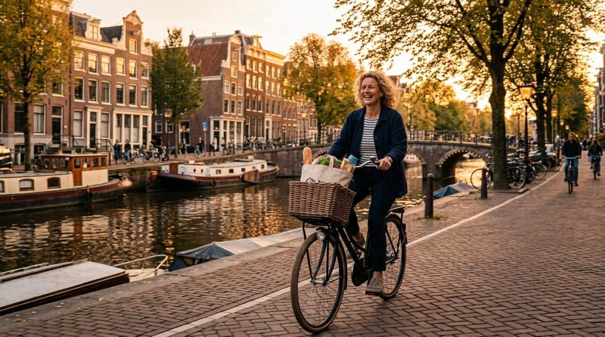 Néerlandaise à vélo le long d'un canal à Amsterdam